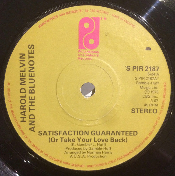 Harold Melvin And The Blue Notes : Satisfaction Guaranteed (Or Take Your Love Back) (7", Single, Sol)