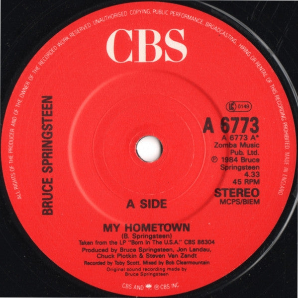 Bruce Springsteen : My Hometown / Santa Claus Is Comin' To Town (7", Single, Sol)