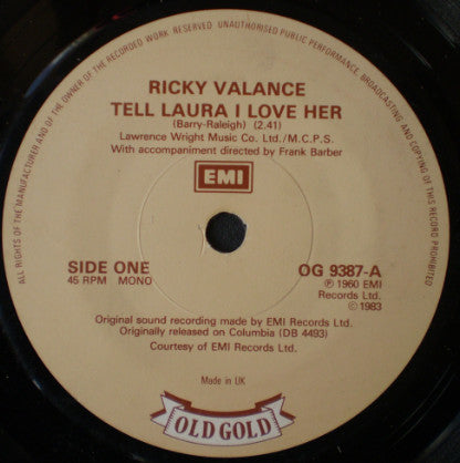 Ricky Valance / Bobby Angelo : Tell Laura I Love Her / Baby Sittin' (7")