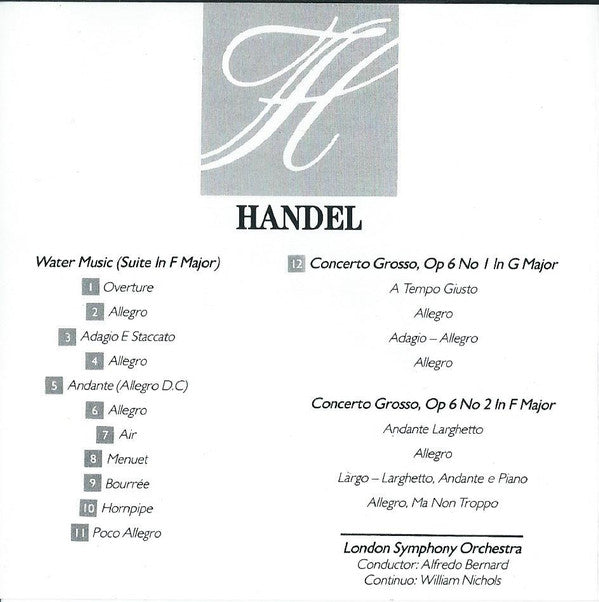 Georg Friedrich Händel : Water Music (Suite In F Major), Concerto Grosso Op 6 Nos 1 & 2 (CD, Comp)