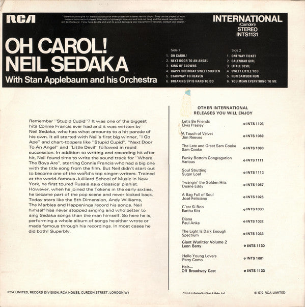 Neil Sedaka : Oh Carol (LP, Album, Comp)