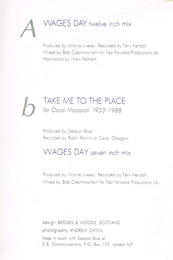 Deacon Blue : Wages Day (12", Single)