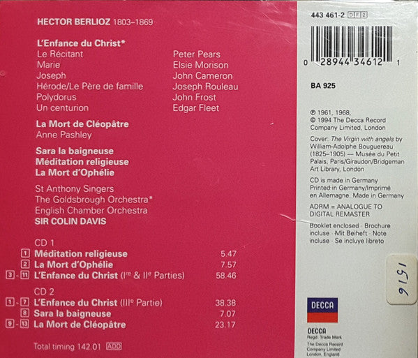 Hector Berlioz - Morison* · Pears* · Cameron* · Rouleau*, Sir Colin Davis : L'Enfance Du Christ · Méditation Religeuse · La Mort D'Ophélie · Sara La Baigneuse · La Mort De Cléopâtre (2xCD, Comp, RM)