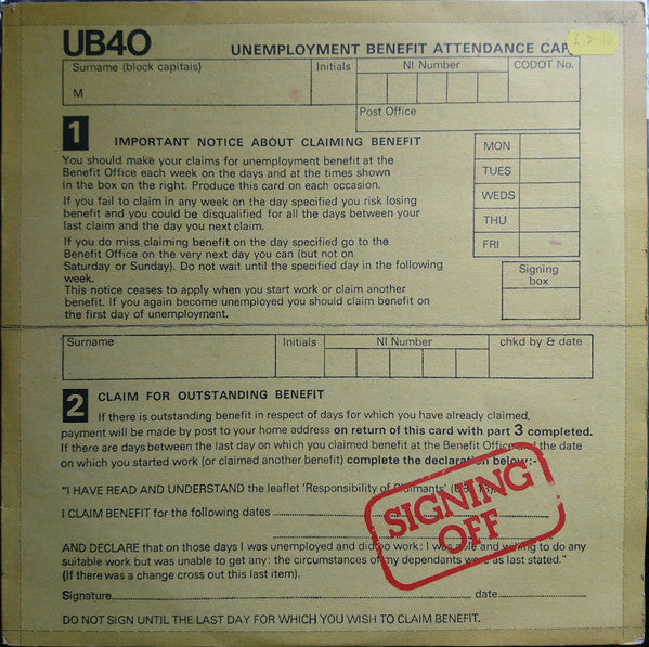 UB40 : Signing Off (LP, Album, Dam + 12")