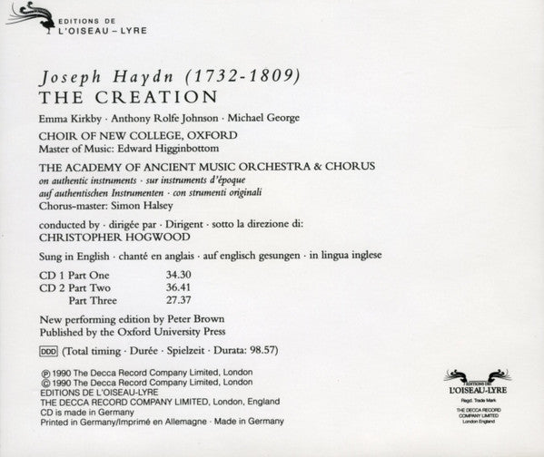Joseph Haydn, Emma Kirkby, Anthony Rolfe Johnson, Michael George (3), The New College Oxford Choir, The Academy Of Ancient Music & The Academy Of Ancient Music Chorus, Christopher Hogwood : The Creation (2xCD, Album + Box)