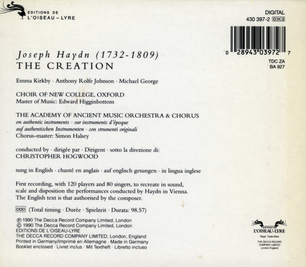 Joseph Haydn, Emma Kirkby, Anthony Rolfe Johnson, Michael George (3), The New College Oxford Choir, The Academy Of Ancient Music & The Academy Of Ancient Music Chorus, Christopher Hogwood : The Creation (2xCD, Album + Box)
