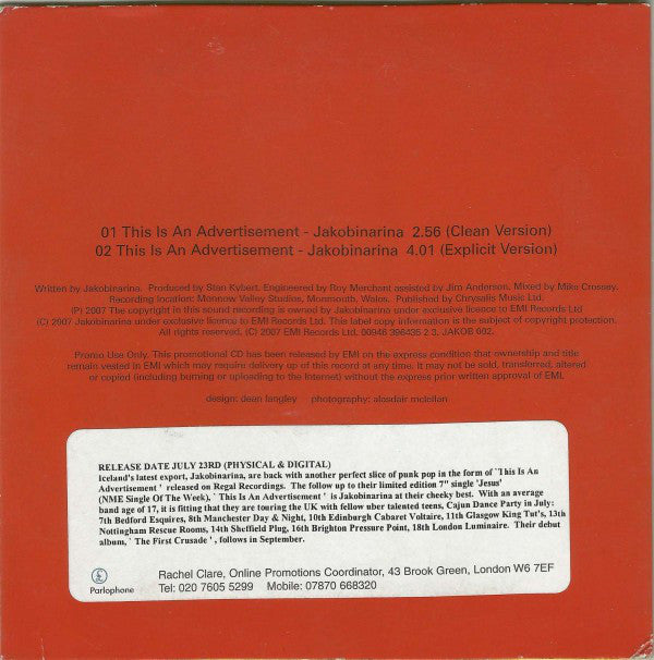 Jakobínarína : This Is An Advertisement (CD, Single, Promo)