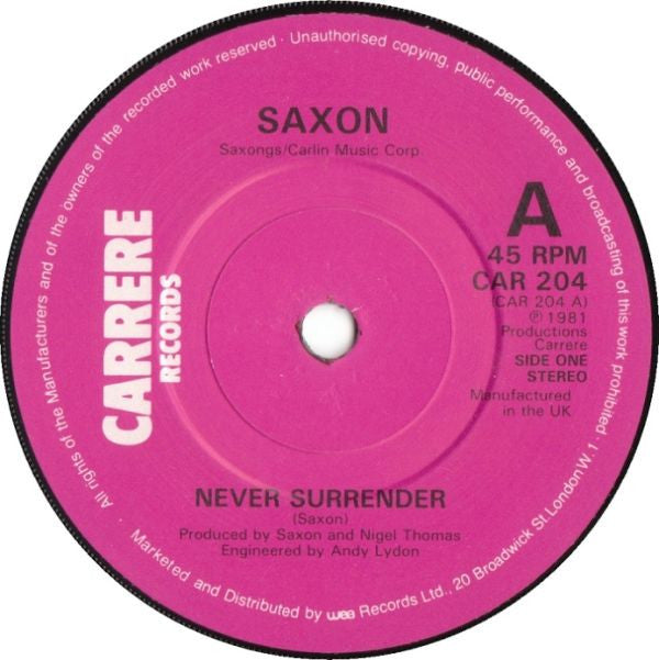 Saxon : Never Surrender (7", Single)