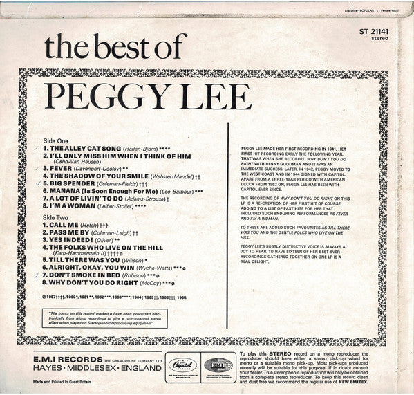 Peggy Lee : The Best Of Peggy Lee (LP, Comp)