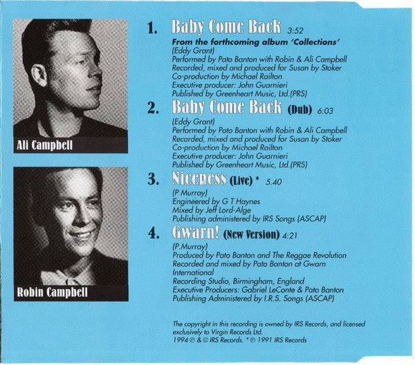 Pato Banton Featuring Ali Campbell And Robin Campbell : Baby Come Back (CD, Single)
