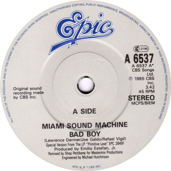 Miami Sound Machine : Bad Boy (Shep Pettibone Remix) (7", Single)