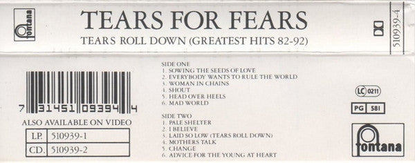 Tears For Fears : Tears Roll Down (Greatest Hits 82-92) (Cass, Comp)