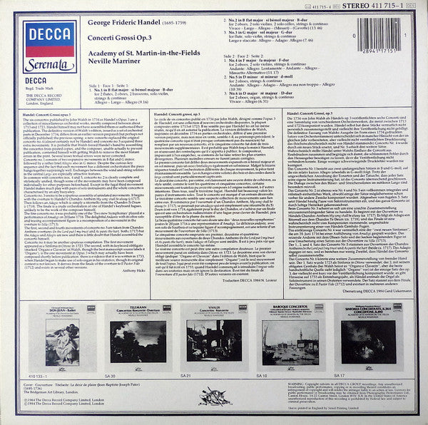 George Frideric Handel* – Academy of St. Martin-in-the-Fields*, Neville Marriner* : Concerti Grossi Op. 3 (LP, RE)