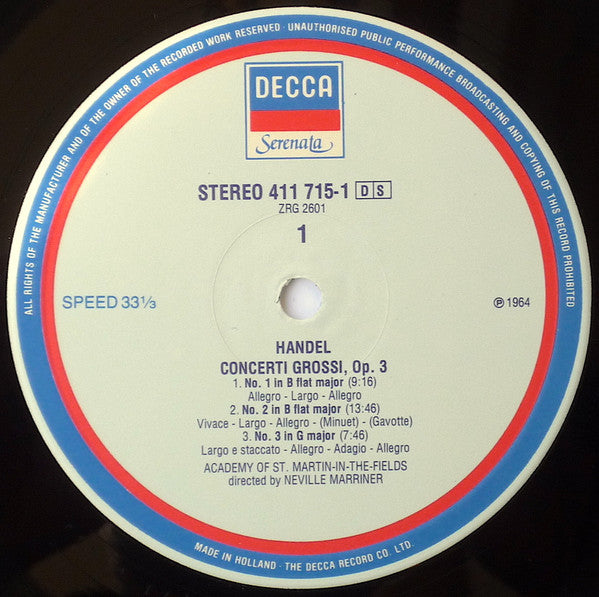 George Frideric Handel* – Academy of St. Martin-in-the-Fields*, Neville Marriner* : Concerti Grossi Op. 3 (LP, RE)