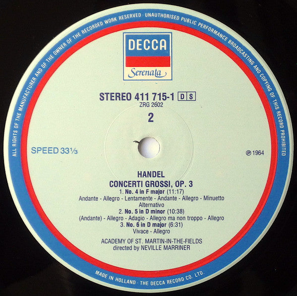 George Frideric Handel* – Academy of St. Martin-in-the-Fields*, Neville Marriner* : Concerti Grossi Op. 3 (LP, RE)