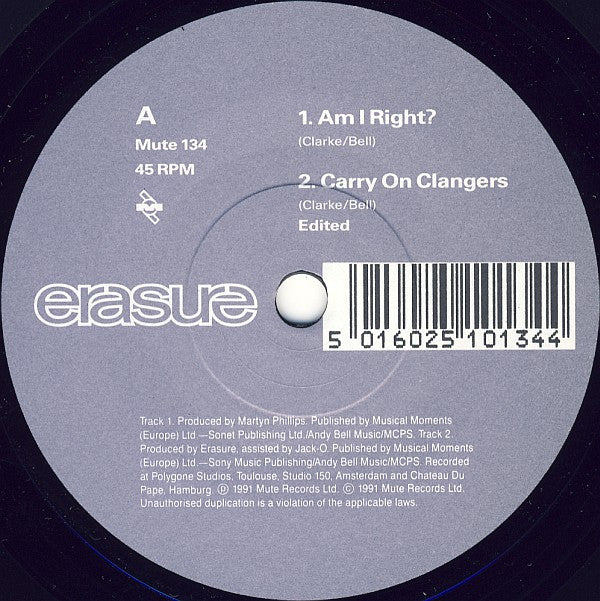Erasure : Am I Right? (7", EP, Single)