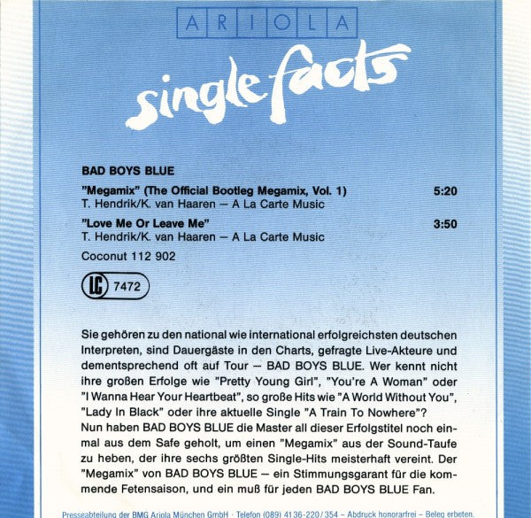 Bad Boys Blue : Mega-Mix Vol. 1 (The Official Bootleg Megamix, Vol. 1) (7", Single)