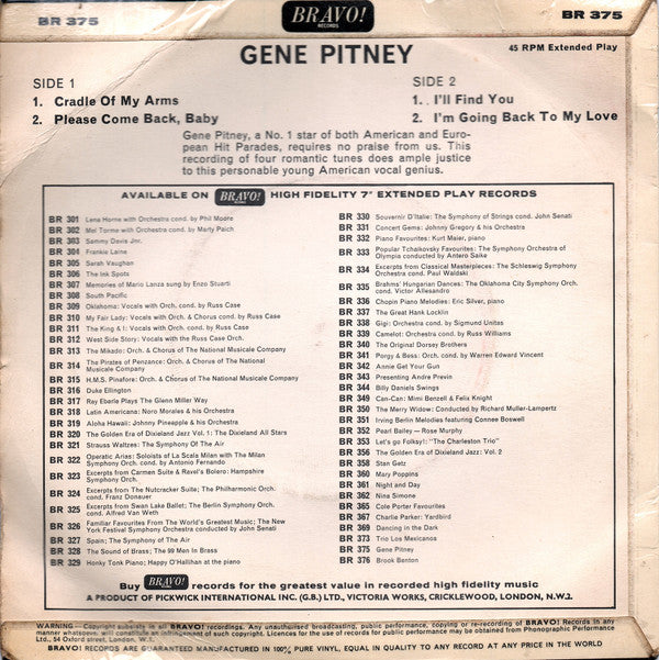 Gene Pitney : Cradle Of My Arms (7", EP, Sol)