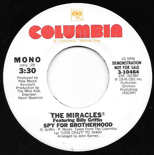 The Miracles Featuring Billy Griffin : Spy For Brotherhood (7", Single, Mono, Promo)