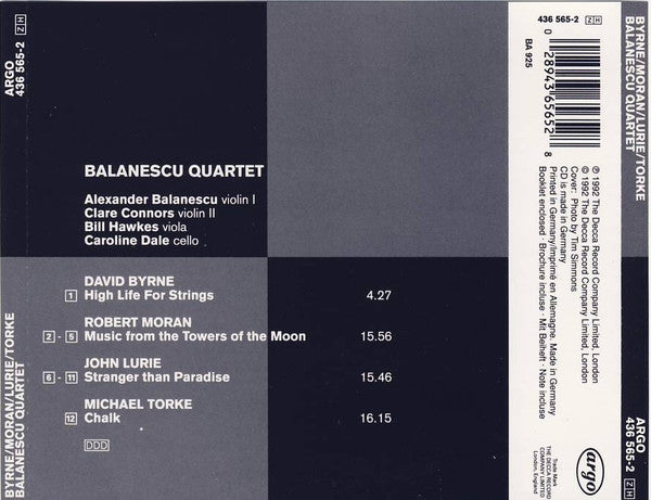 Balanescu Quartet* : David Byrne: High Life For Nine Instruments / Robert Moran: Music From The Towers Of The Moon / John Lurie: Stranger Than Paradise / Michael Torke: Chalk (CD, Album)