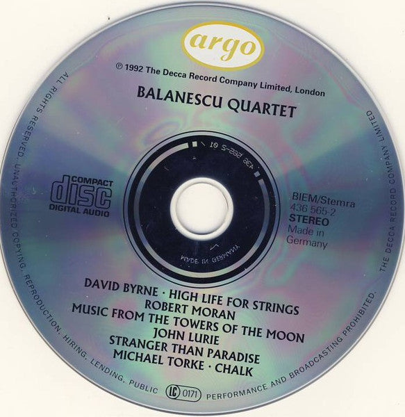 Balanescu Quartet* : David Byrne: High Life For Nine Instruments / Robert Moran: Music From The Towers Of The Moon / John Lurie: Stranger Than Paradise / Michael Torke: Chalk (CD, Album)