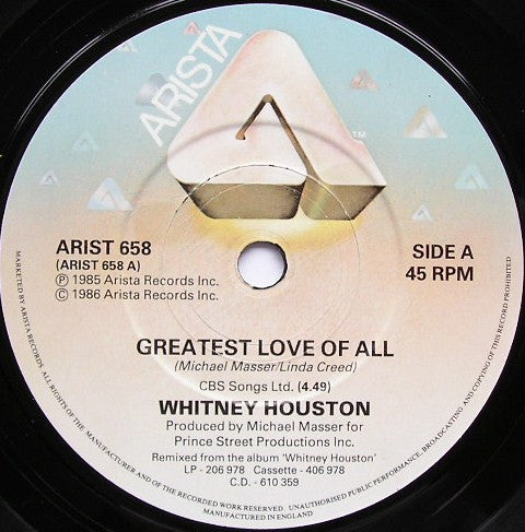 Whitney Houston : Greatest Love Of All (7", Single)