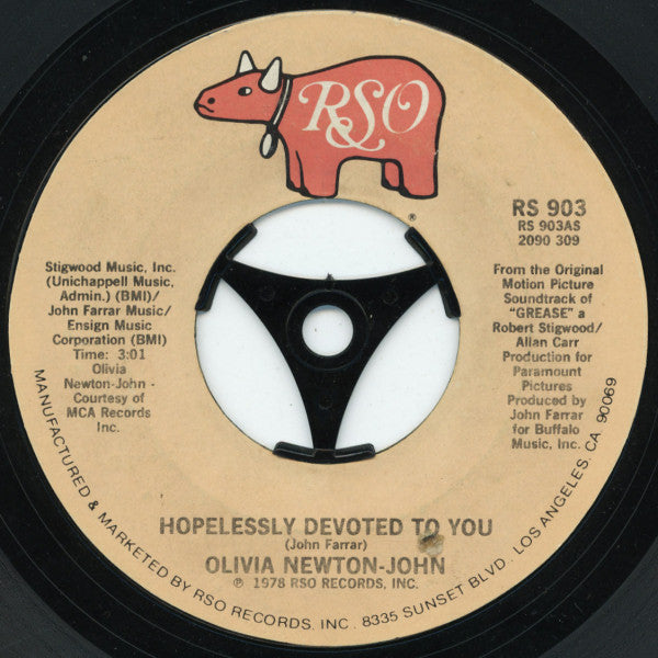Olivia Newton-John / Unknown Artist : Hopelessly Devoted To You / Love Is A Many Splendored Thing (7", Single, Styrene, PRC)