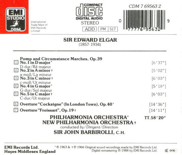 Elgar*, Philharmonia Orchestra, New Philharmonia Orchestra, Sir John Barbirolli : Pomp And Circumstance Marches 1-5 / Overtures: Cockaigne, Froissart (CD, Album, Comp)