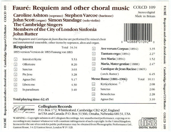 Gabriel Fauré - The Cambridge Singers, City Of London Sinfonia Directed By John Rutter : Requiem (1893 Version) And Other Choral Music (CD, Album)