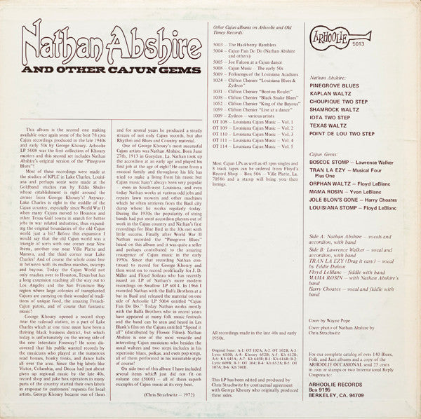 Various : Nathan Abshire And Other Cajun Gems (LP, Comp)