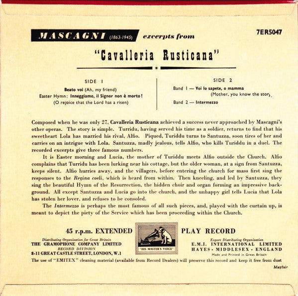 Pietro Mascagni, Zinka Milanov, Margaret Roggero, Robert Merrill, The Robert Shaw Chorale, RCA Victor Symphony Orchestra Conducted By Renato Cellini : Cavalleria Rusticana (7", EP)