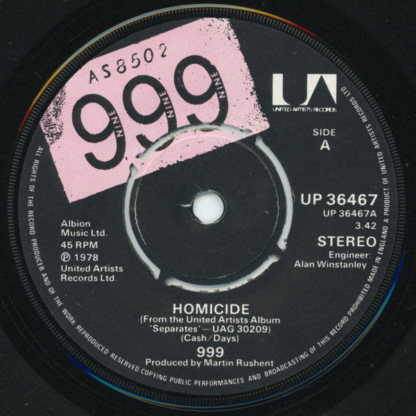 999 : Homicide (7", Single, Pus)