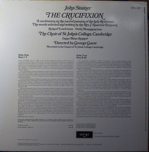 John Stainer, St. John's College Choir, Richard Lewis (3), Owen Brannigan Directed By George Guest (2) : The Crucifixion (LP, RE)
