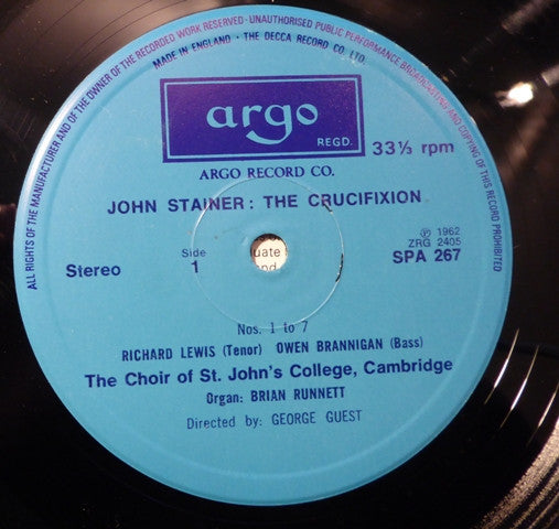 John Stainer, St. John's College Choir, Richard Lewis (3), Owen Brannigan Directed By George Guest (2) : The Crucifixion (LP, RE)