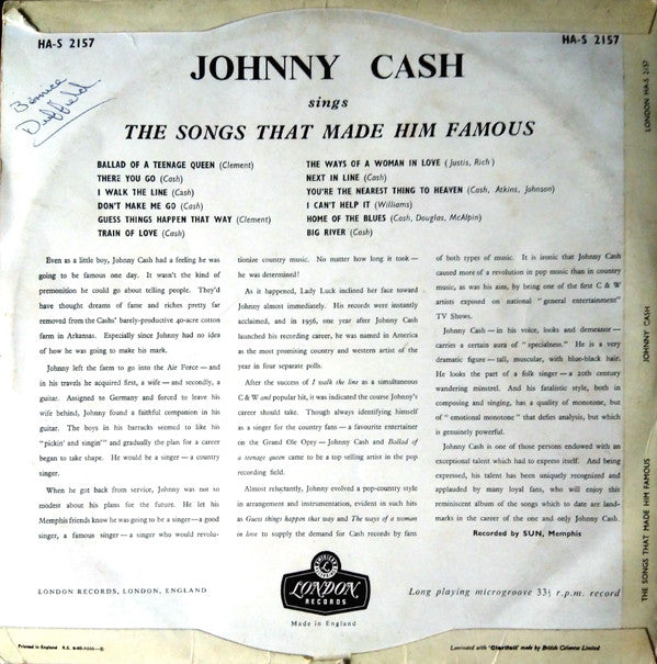 Johnny Cash : Sings The Songs That Made Him Famous (LP, Album, Mono)