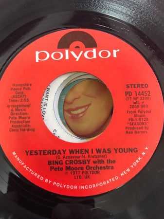 Bing Crosby : Yesterday When I Was Young (7")