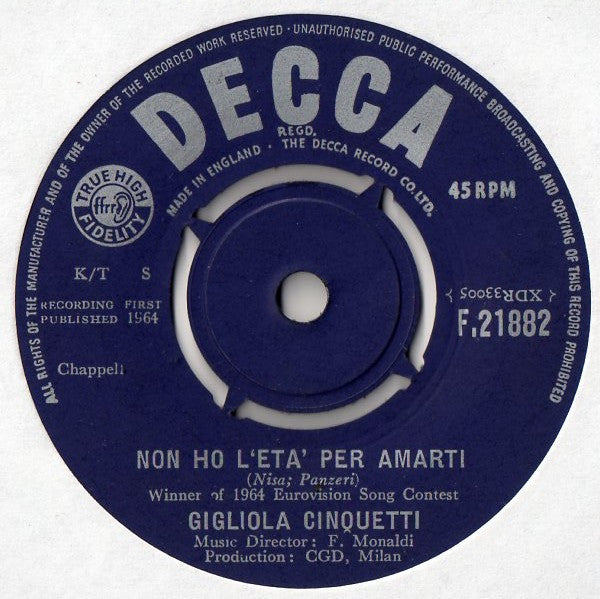 Gigliola Cinquetti : Non Ho L'Eta' Per Amarti (7", Single)