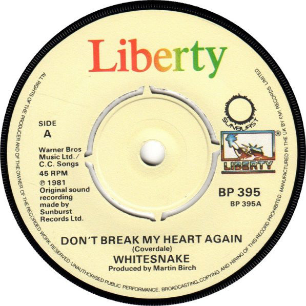 Whitesnake : Don't Break My Heart Again (7", Single, Pus)