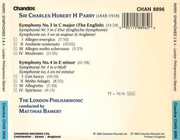 Charles Hubert Hastings Parry, London Philharmonic Orchestra Conducted By Matthias Bamert : Symphony No. 3 (The English) • Symphony No. 4 (CD, Album)