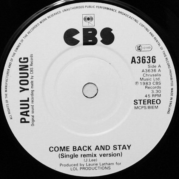 Paul Young : Come Back And Stay (Single Remix Version) (7", Single, Stu)