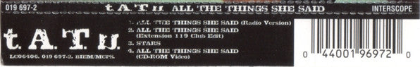 t.A.T.u. : All The Things She Said (CD, Single, Enh)