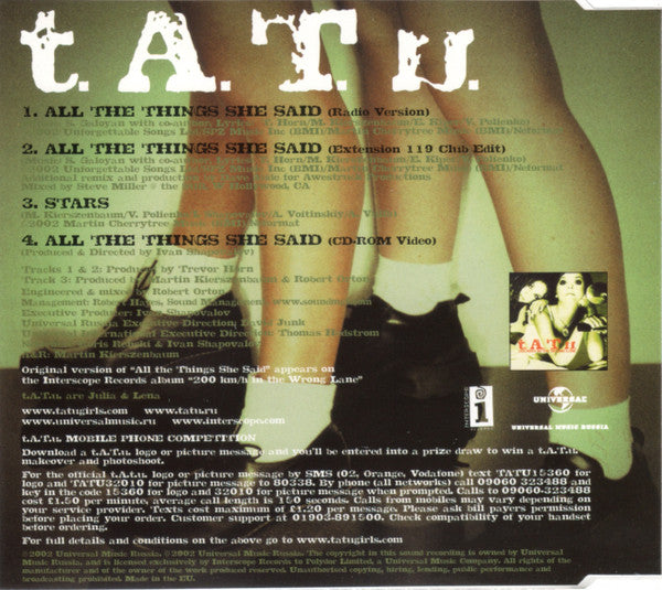t.A.T.u. : All The Things She Said (CD, Single, Enh)