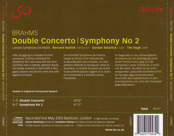 Johannes Brahms - Bernard Haitink, London Symphony Orchestra, Gordan Nikolitch, Tim Hugh : Symphony No 2 / Double Concerto (CD, Album)