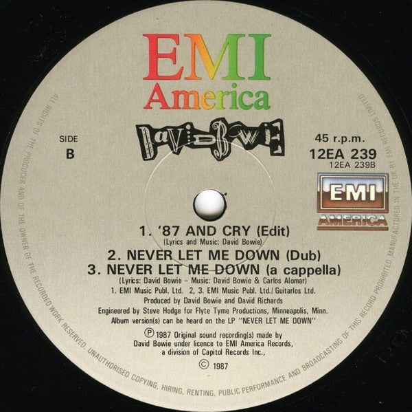 David Bowie : Never Let Me Down (Extended Dance Remix) (12", Single)