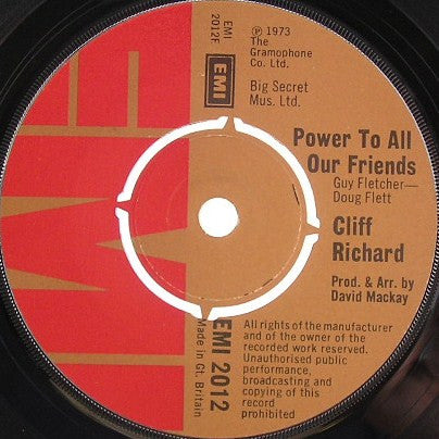 Cliff Richard : Power To All Our Friends (7", Single, Com)