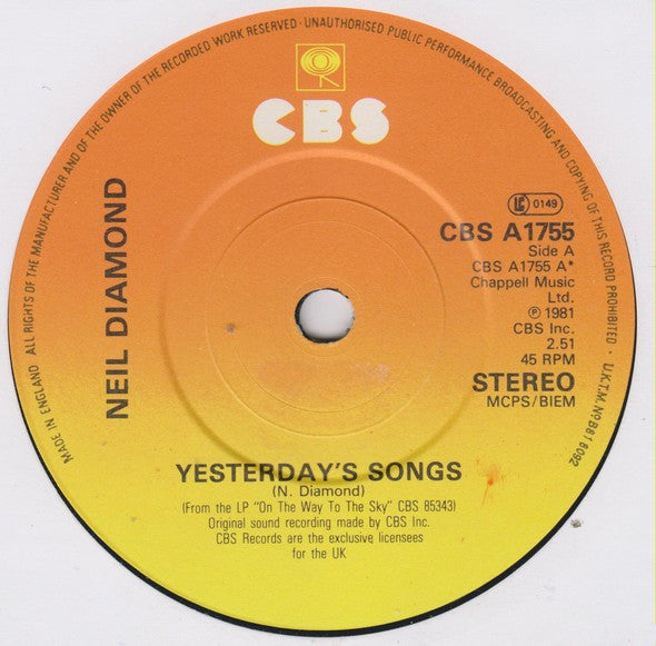 Neil Diamond : Yesterday's Songs (7", Single)