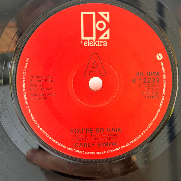 Carly Simon : You're So Vain (7", Single, RE)