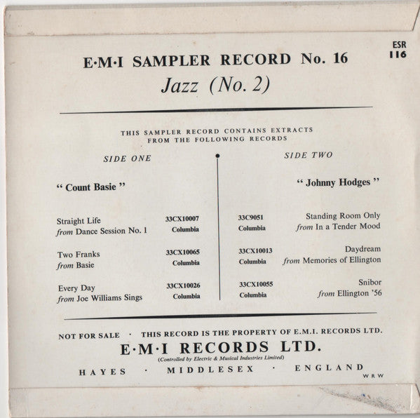 Count Basie, Johnny Hodges : E.M.I. SamplerRecord No, 16 Jazz No 2 (7", EP, Smplr)