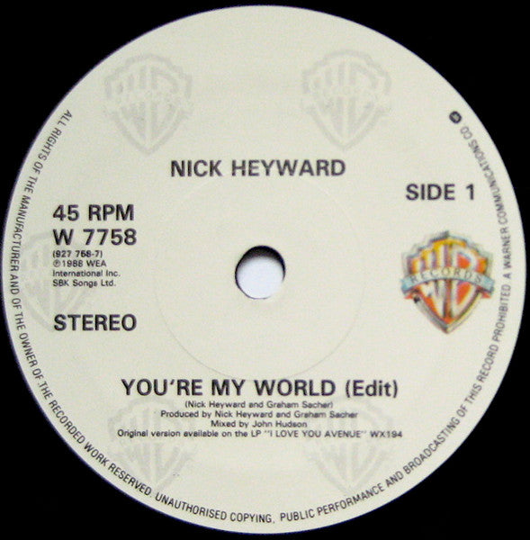 Nick Heyward : You're My World (7", Single)