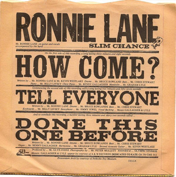 Ronnie Lane & Slim Chance : How Come? (7", Single, Sol)